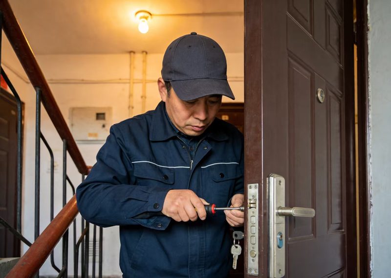 元氏县帮帮开锁师傅正在使用专业工具开启防盗门,24小时上门开锁服务